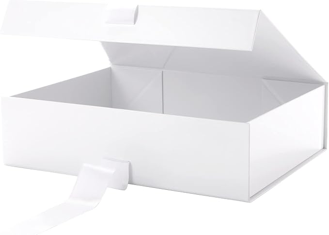 GREEN BEAN Large Gift Box with Lid for Presents 13x9.7x3.4 Inches, White Magnetic Gift Box with Ribbon, Bridesmaid Proposal Box, Luxury Gifts Box (Glossy White)