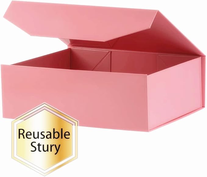 2 Pink Large Gift Boxes with Lid 13x9x4 Inches, Bridesmaid Proposal Boxes, Hard Collapsible Gift Box with Magnetic Closure, Groomsman Box Reusable Gift Box for Cloth (Glossy Pink)