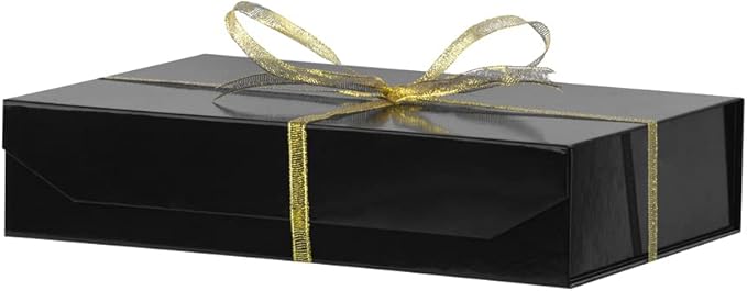 1 Pack Black Gift Box with Lids Small 12 x 8 x 2.7 Inches Clothes Gift Boxes for Presents Shirt Gift Boxes with Ribbon Magnetic Gift Box Bulk Cute Box for Packaging (Glossy Surface)