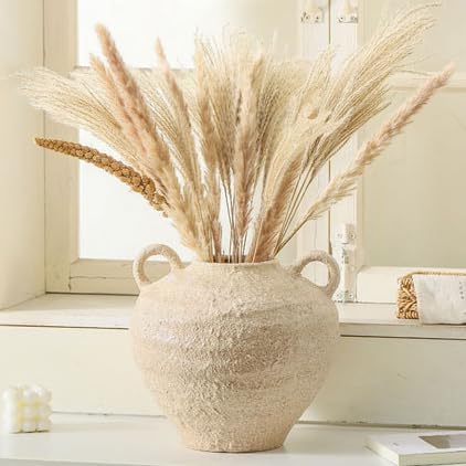 Ceramic Flower Vase, Large Farmhouse Vases Home Decor, Handmade Rustic Vase with Handles, Decorative Flower Vase for Home Entryway Living Room Dining Table Farmhouse Office Decor(10.1inch)