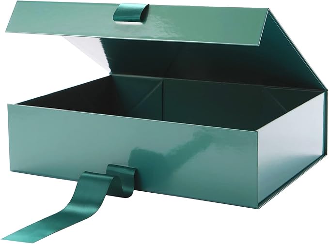 GREEN BEAN 6 Large Gift Boxes with Lids for Presents 13x9.7x3.4 Inches, Christmas Green Magnetic Gift Box with Ribbon, Bridesmaid Proposal Box, Luxury Gift Boxes (Glossy Green)