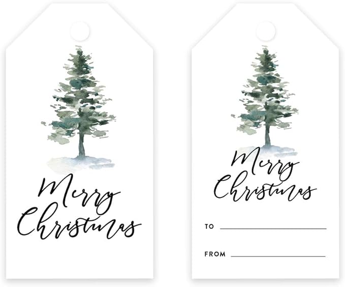 Andaz Press Christmas Holiday Season Classic Gift Tags, Merry Christmas to from Classic Favor Tags, Watercolor Christmas Tree with Snow Design, for Holiday Events, Parties, and Favors, 60-Pack