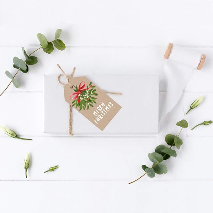 Andaz Press Christmas Holiday Season Classic Gift Tags, Merry Christmas to from Classic Favor Tags, Kraft Brown with Mistletoe Design, for Holiday Events, Parties, and Favors, 60-Pack