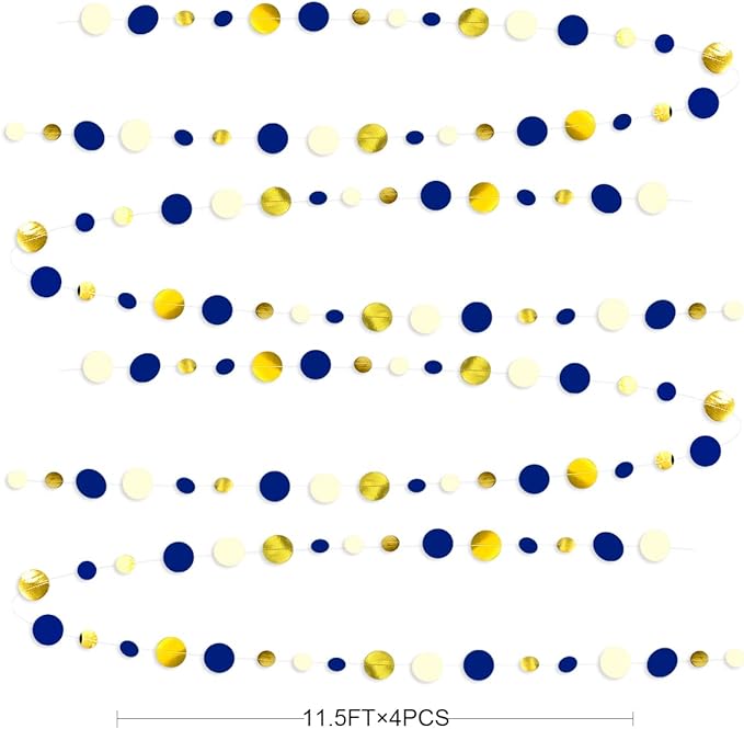 46 Ft Navy Blue and Gold Circle Dots Garland Royal Blue Hanging Paper Polka Dot Streamer for Birthday Wedding Bridal Baby Shower Graduations Nautical Ahoy Achor Pirate Theme Party Decorations Supplies