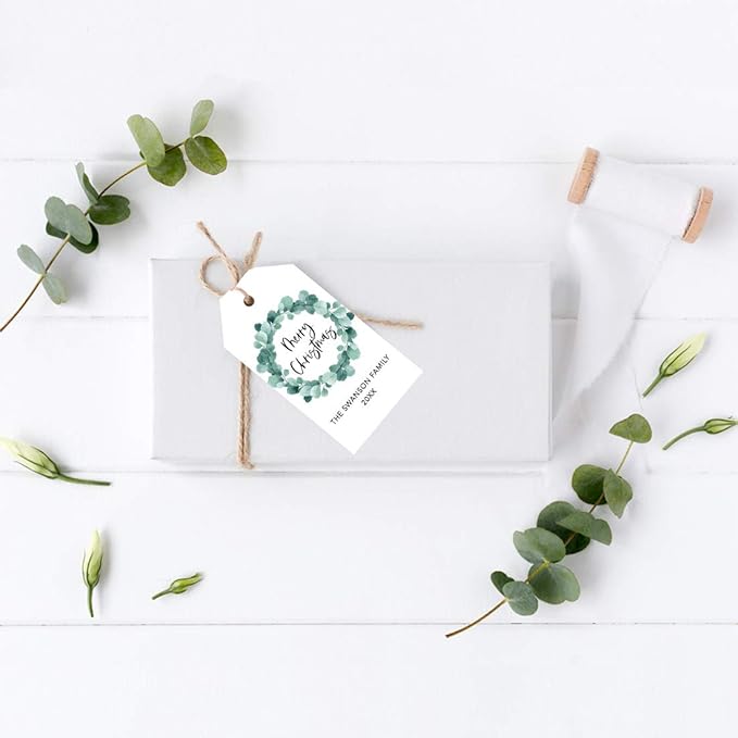 Andaz Press Personalized Christmas Holiday Season Classic Gift Tags, Merry Christmas Custom Family Name and Year, Eucalyptus Wreath Design, for Holiday Events, Parties, and Favors, 60-Pack