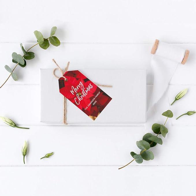 Andaz Press Personalized Christmas Holiday Season Classic Gift Tags, Merry Christmas Custom Family Name and Year, Poinsettia Design, for Holiday Events, Parties, and Favors, 60-Pack