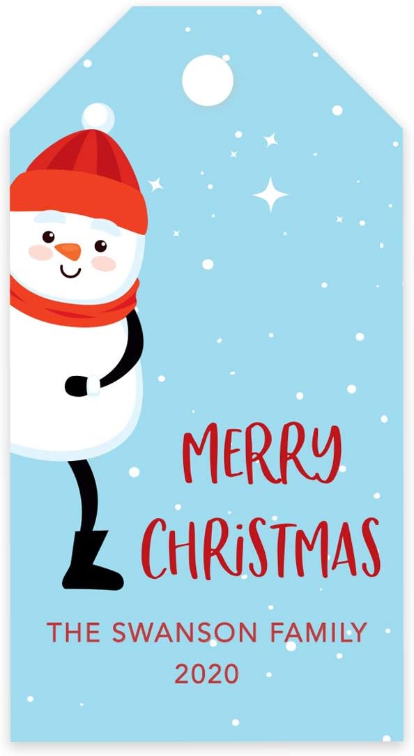 Andaz Press Personalized Christmas Holiday Season Classic Gift Tags, Merry Christmas Custom Family Name and Year, Snowman with Stars Design, for Holiday Events, Parties, and Favors, 60-Pack