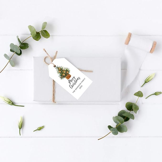 Andaz Press Personalized Christmas Holiday Season Classic Gift Tags, Merry Christmas Custom Family Name and Year, Citrus Christmas Tree Design, for Holiday Events, Parties, and Favors, 60-Pack