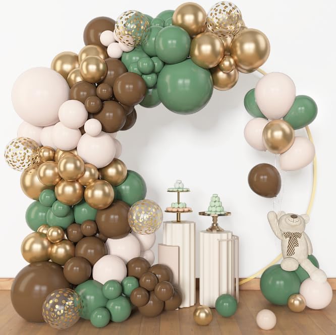 Amandir 153pcs Sage Green Brown Balloon Garland Arch Kit, Different Sizes 18 12 10 5 inch Olive Green Gold Latex Metallic Confetti Balloons for Safari Jungle Woodland Birthday Baby Shower Decorations