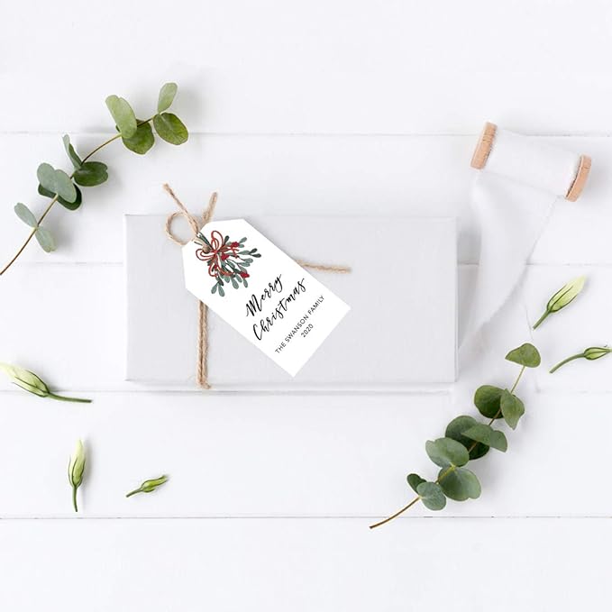 Andaz Press Personalized Christmas Holiday Season Classic Gift Tags, Merry Christmas Custom Family Name and Year, Mistletoe Design, for Holiday Events, Parties, and Favors, 60-Pack