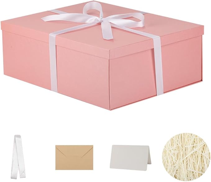 Extra Gift Box Large with Lid 17x13x6 Inches, Pink Gift Boxes for presents Packaging for Birthdays, Valentine's Day, Christmas, Anniversaries (Include Shredded Paper Fill, Envelope Card Ribbon)