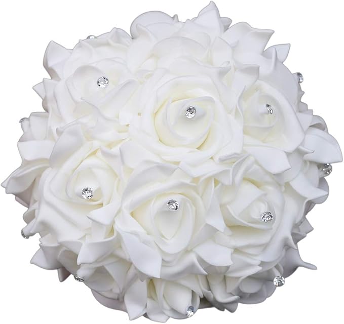 Wedding Bouquet, Green Bouquet for Bride Bridesmaid with Diamond Soft Ribbons, Artificial Rose Bridal Holding Flowers for Party Church