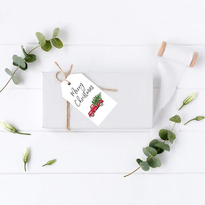 Andaz Press Holiday Season Classic Gift Tag, Merry Christmas to from Classic Favor Tags, Vintage Truck with Christmas Tree Design, Red Truck Gift Tags, Christmas Truck Gift Tags, 60-Pack