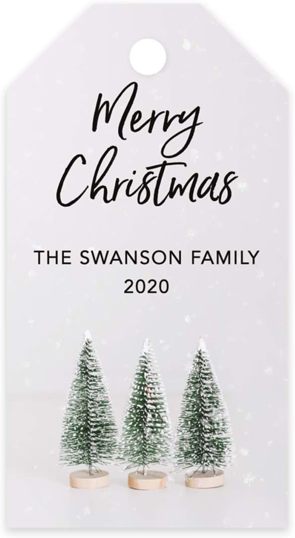 Andaz Press Personalized Christmas Holiday Season Classic Gift Tags, Merry Christmas Custom Family Name and Year, Bottle Brush Christmas Tree Design, for Holiday Events, Parties, and Favors, 60-Pack