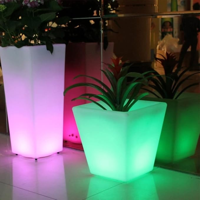 16-In Square LED Planter Pot Outdoor, Large Rechargeable Lighted Flower Pot w/Remote, Dimmable RGB Color Changing Light Up Plant Pots, Modern Waterproof Illuminated Planter for Home Balcony Porch Yard