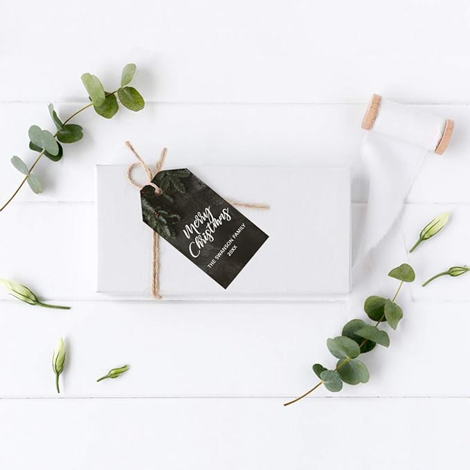 Andaz Press Personalized Christmas Holiday Season Classic Gift Tags, Merry Christmas Custom Family Name and Year, Green Christmas Tree Branch Design, for Holiday Events, Parties, and Favors, 60-Pack