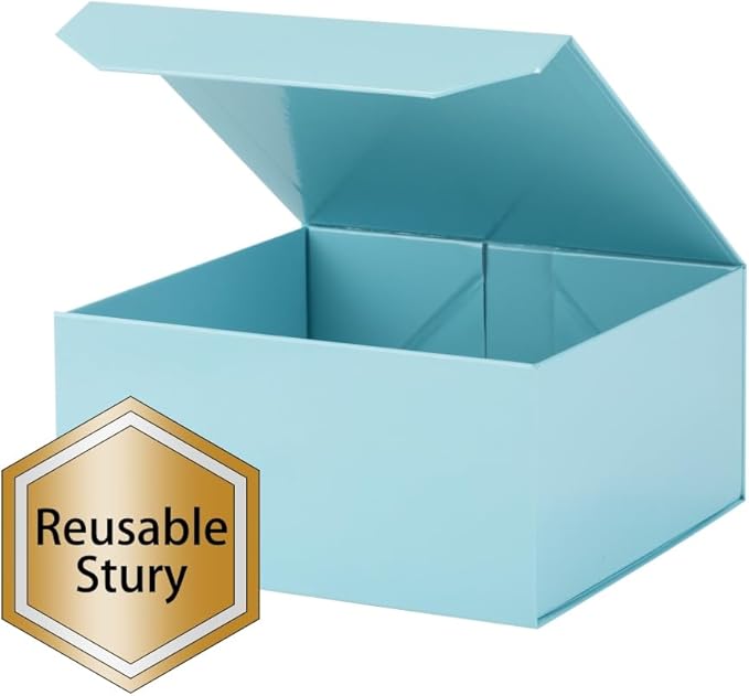1 Pcs Small Blue Gift Box 8x8x4 Inch Magnetic Gift Box with Crinkle Paper Luxury Gift Boxes with Lids for Presents