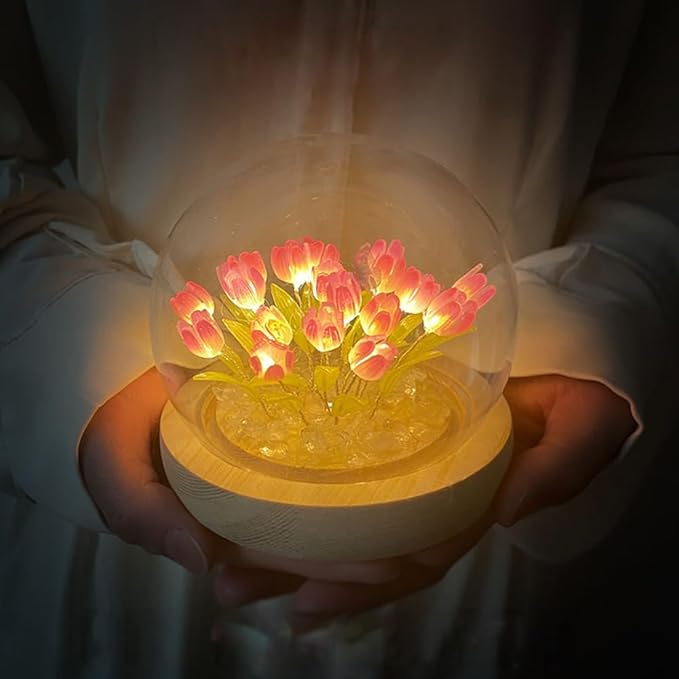 (20 Flower) Birthday Gifts for Mom, Tulip Lamp Night Light with Glass Dome,Handmade Artificial Flower Table Lamp Bedroom Desk Decoration for Women Daughter Girlfriend Christmas Holiday Gift