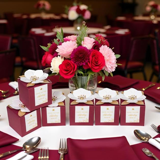 FEIYI 20 PCS Burgundy Gift Boxes, 3 In 1 Favor Boxes with Floral Decor, White Thank You Tags Gift wrapping for Wedding, Christmas, Baby Shower, Birthday, Decorations Party - 3.55x3.55x3.55