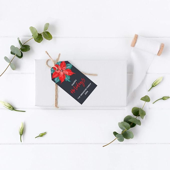 Andaz Press Personalized Christmas Holiday Season Classic Gift Tags, Happy Holidays Custom Family Name and Year, Christmas Poinsettia Design, for Holiday Events, Parties, and Favors, 60-Pack