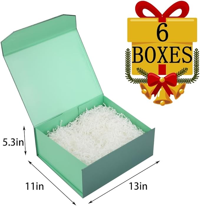 6 Pcs Green Gift Box Large 13x11x5.3 Inch Green Large Gift Box with Crinkle Paper Magnetic Box with Shredded Paper Luxury Gift Boxes with Lids for Presents