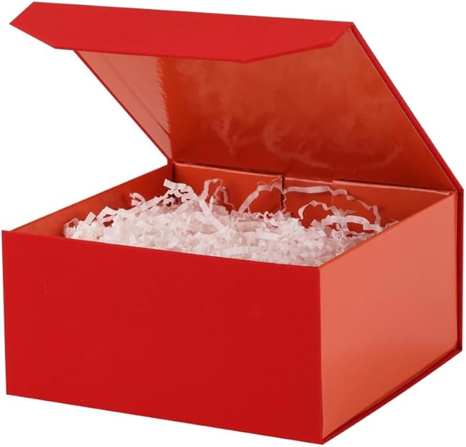 1 Pcs 8x8x4 Inch Red Gift Box Small Gift Box with Shredded Paper Magnetic Box with Crinkle Paper Red Luxury Gift Boxes with Lids for Presents