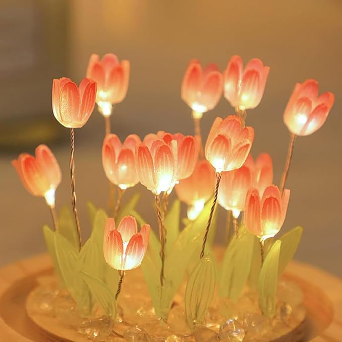 (20 Flower) Birthday Gifts for Mom, Tulip Lamp Night Light with Glass Dome,Handmade Artificial Flower Table Lamp Bedroom Desk Decoration for Women Daughter Girlfriend Christmas Holiday Gift