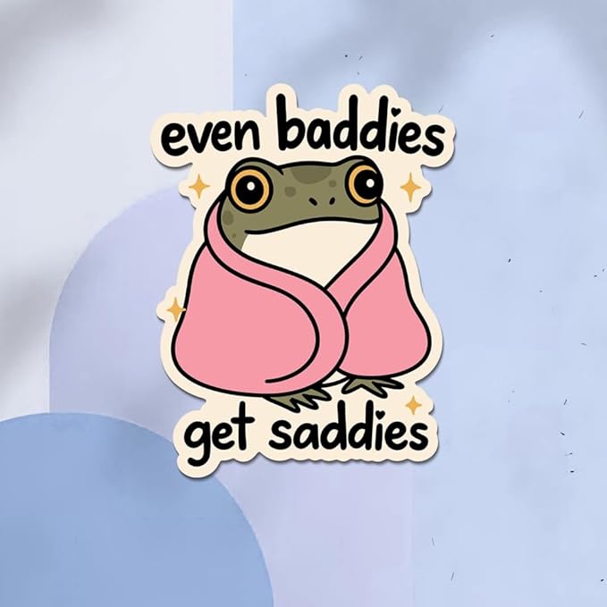 HANDICHI Design 5-Pack 4 Inch Even Baddies Get Saddies Frog Stickers – Funny Mental Health Vinyl Decal Set for Laptops, Water Bottles, Journals & Scrapbooks – Cute Baddie Sticker Pack