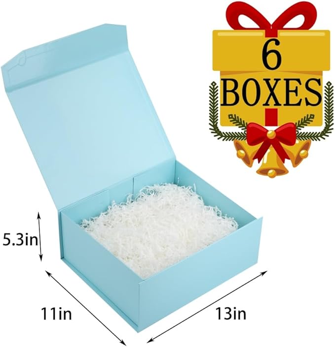6 Pcs Blue Gift Box Large 13x11x5.3 Inch Blue Large Gift Box with Crinkle Paper Magnetic Box with Shredded Paper Luxury Gift Boxes with Lids for Presents