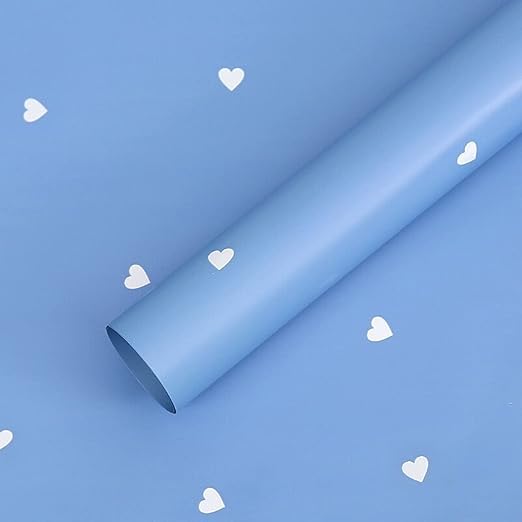 Solid Color Love Heart Flower Wrapping Paper Waterproof Gift Packaging Florist Bouquet Wraps, 20 Sheets 22.8x22.8 Inch (Blue White)