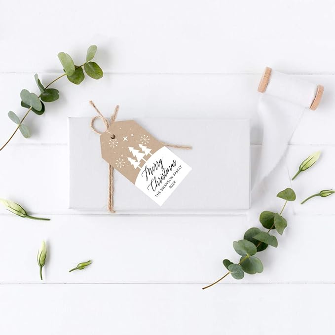 Andaz Press Personalized Christmas Holiday Season Classic Gift Tags, Merry Christmas Custom Family Name and Year, Kraft Brown Minimal Christmas Tree Design, Holiday Events, Parties, Favors, 60-Pack