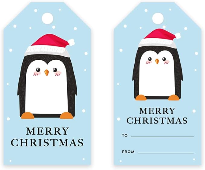 Andaz Press Christmas Holiday Season Classic Gift Tags, Merry Christmas to from Classic Favor Tags, Penguin with Santa Hat Design, for Holiday Events, Parties, and Favors, 60-Pack