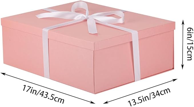 Extra Large Gift Box with Lid 17x13x6 Inches, Pink Gift Boxes for presents Packaging for Birthdays, Valentine's Day, Christmas, Anniversaries (Include Shredded Paper Fill, Envelope Card Ribbon)