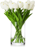 ENOVA HOME 20 Pieces Artificial Real Touch Tulips Flower Arrangement in Glass Vase with Faux Water for Home Decoration (White)