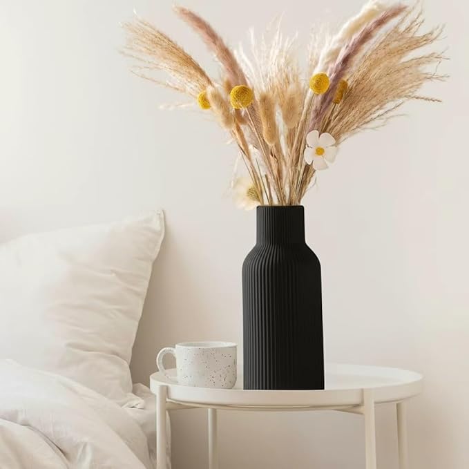 Black Ceramic Vases Set of 3, Black Ribbed Decorative Vases - Table Centerpieces for Wedding, Living Room, Office & Shelf Decor