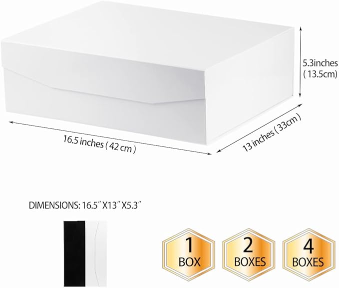 White Extra Large Gift Box with Lid 4 Pcs 16.5 x 13 x 5.3 Inches, Gift Box large White Gift Boxes for Presents Clothes Robe Wedding Dress Sweater,Reusable Foldable Bridesmaid Proposal Box（Glossy）