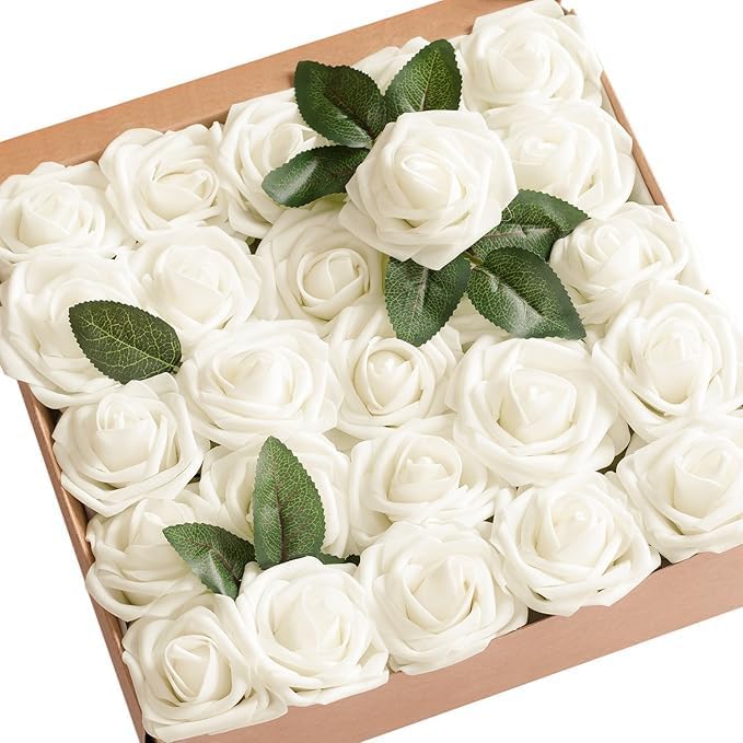 Ling's moment Artificial Flowers 25Pcs Ivory Roses Decor w/Stems,3" Real Touch DIY Foam Floral for Wedding Bouquet/Centerpieces, Outdoors Party Backdrop, Room/Table, and Garden/Pot Decorations