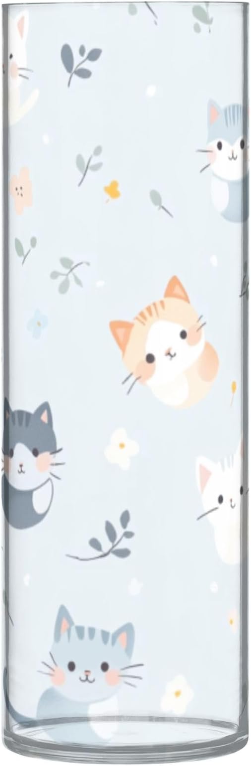 Flower Vase Clear Plastic Cylinder Vases Decor for Centerpieces Home Storage Office Weddings Cute Colorfl Cartoon Cats Light Blue 11.8 x 3.9 in