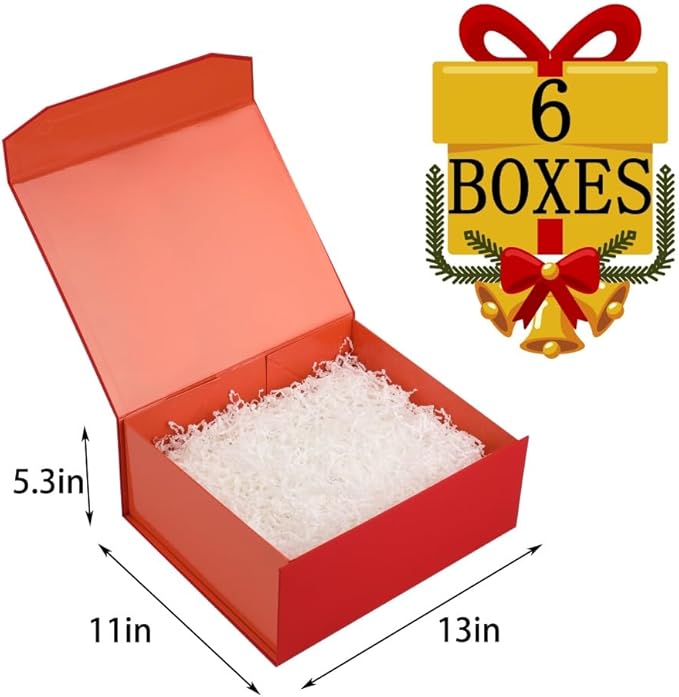 6 Pcs Red Gift Box Large 13x11x5.3 Inch Red Large Gift Box with Crinkle Paper Magnetic Box with Shredded Paper Luxury Gift Boxes with Lids for Presents