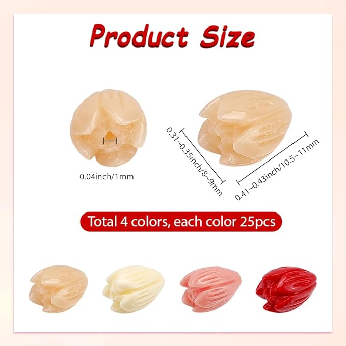 1 Box 100Pcs 4 Colors Carved Flower Beads 3D Floral Beads Colorful Artificial Red Jasmine Synthetic Coral Dyed Small Smooth Spacers Findings for Jewelry Making Bracelets Necklaces DIY Crafts