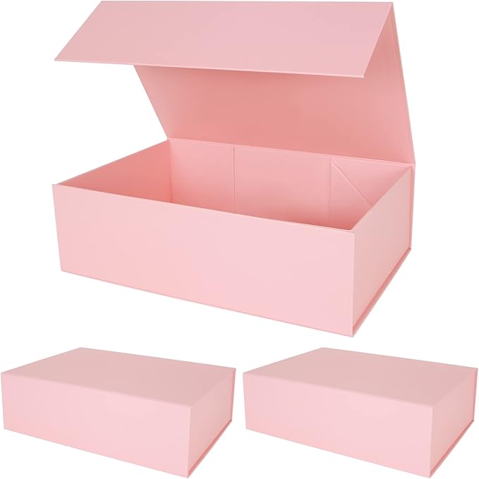 Aimyoo Pink Collapsible Gift Box with Magnetic Closure Lids 13.8x9x4.3 in, Bridesmaid Groomsmen Proposal Box, Large Rectangle Box for Present Graduation Storage 3 Pack