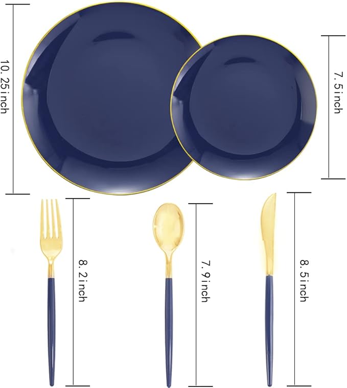 Liacere 150PCS Blue Plastic Plates - Gold Plastic Silverware with Blue Handle - Navy Disposable Plates Include 30 Guests Plates,Forks,Spoons,Knives for Hanukkah & New Year & Hanukkah