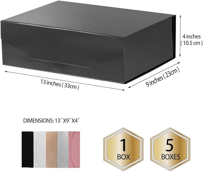5 Black Large Gift Boxes with Lid 13x9x4 Inches, Bridesmaid Proposal Boxes, Hard Collapsible Gift Box with Magnetic Closure, Groomsman Box Reusable Gift Boxes for Clothes (Glossy Black)