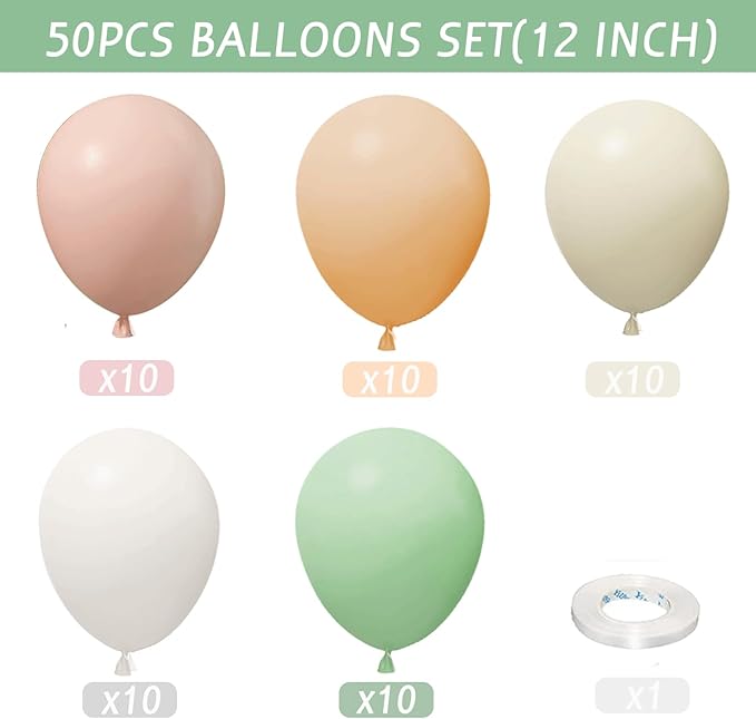 Sage Green Balloons,50Pcs 12 Inch Pastel Pink and Dusty Green Nude Sand White Boho Balloons with Ribbon for Girls Women Birthday Bridal Shower Wedding Tea Party Decorations