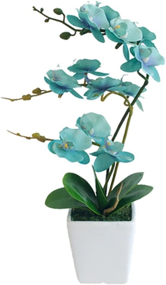 15 Inches Tall Artificial Silk Phalaenopsis Orchid Flower Plant Pot Teal Arrangements (Golden Blue)