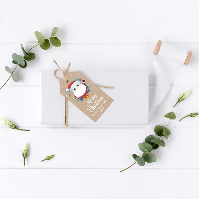 Andaz Press Personalized Christmas Holiday Season Classic Gift Tags, Merry Christmas Santa with Christmas Wreath Design, Custom Family Name and Year, for Holiday Events, Parties, and Favors, 60-Pack