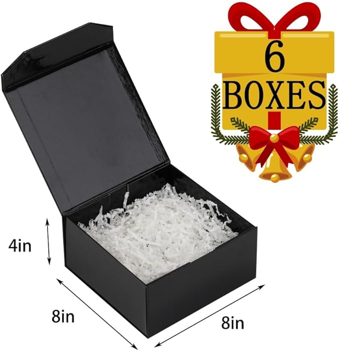 6 Pcs Small Black Gift Box 8x8x4 Inch Magnetic Gift Box Small Magnetic Box with Crinkle Paper Black Small Gift Box with Shredded Paper Luxury Gift Boxes with Lids for Presents