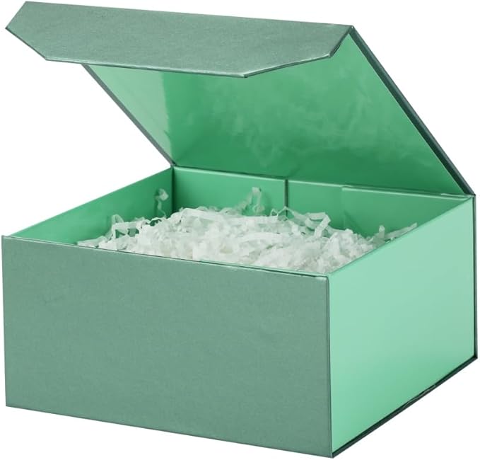 1 Pcs Small Green Gift Box 8x8x4 Inch Magnetic Box with Crinkle Paper Green Small Gift Box with Shredded Paper Luxury Gift Boxes with Lids for Presents