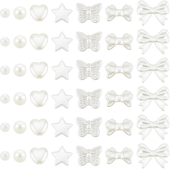 1 Box 7 Styles 700PCS Pearl Beads Kit with Hole Floral White ABS Plastic Heart Star Round Bow Assorted Imitation Pearls Loose Bead for Jewelry Making Bracelet Necklace DIY Crafts Supply