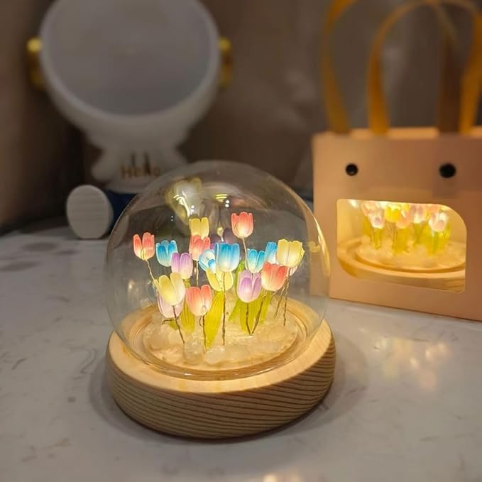 (20 Flower) Assembled Tulip Lamp Night Light with Glass Dome, Handmade Artificial Flower Table Lamp Bedroom Desk Decoration for Women Girlfriend Sister Besties Birthday Christmas Gift (Multicolor)